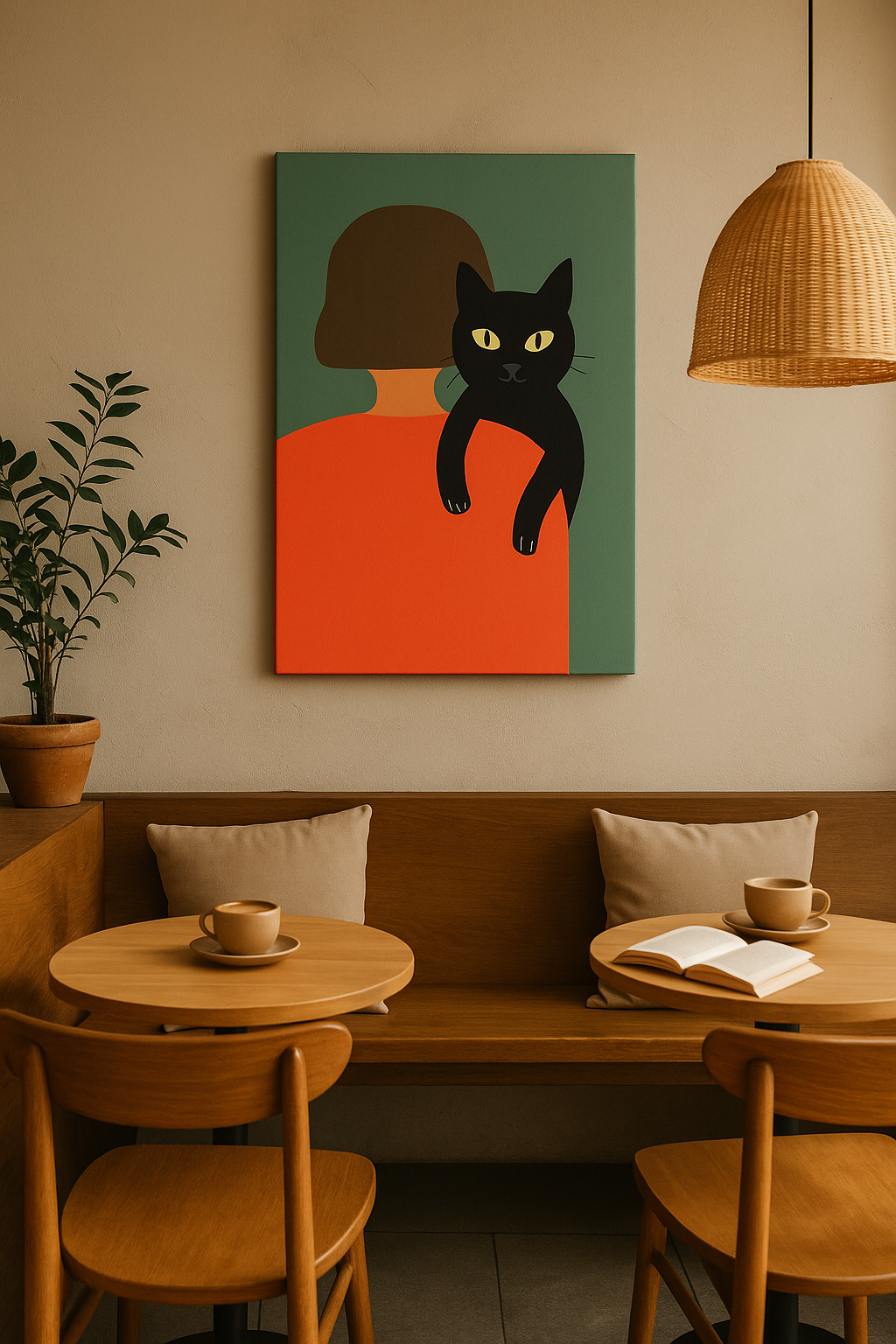 Pintura minimalista en bastidor 40x60 de un gato negro apoyado sobre el hombro de una mujer