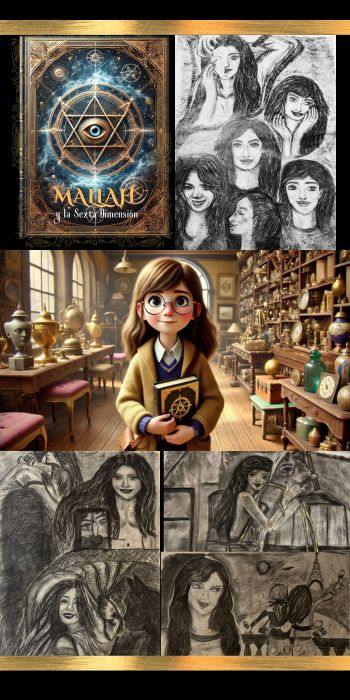 Obra de arte a carboncillo de Mallah, creada por Vanesa D.C., representando un pasaje clave de 'Mallah y la Sexta Dimensión'