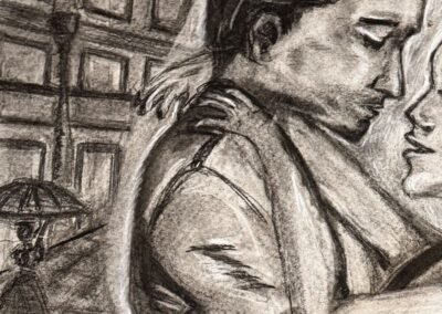 Detail of the figures in Ethereal Encounter, showing the emotional connection and the charcoal technique that captures the essence of eternal love.